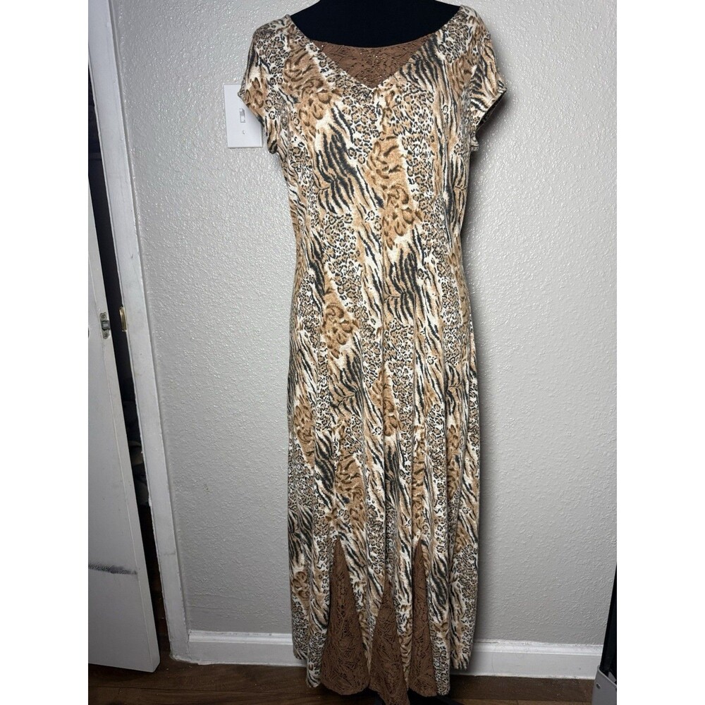 Reba Mixed Animal Print Maxi Dress Large Brown Lace Insert Boho y2k